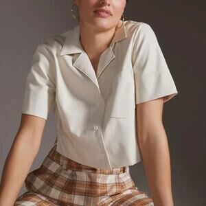 Anthropologie Maeve Cropped Faux Leather Surf Shirt Ivory Size M